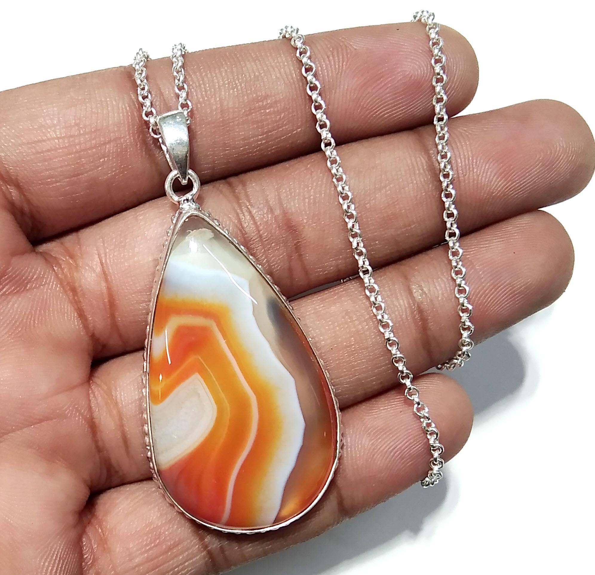 Natural Orange Agate Gemstone Pendant, 925 Sterling Silver Pendant Chain Necklace, Stylish Nice Handmade Silver Pendant, Gift Birthday Stone